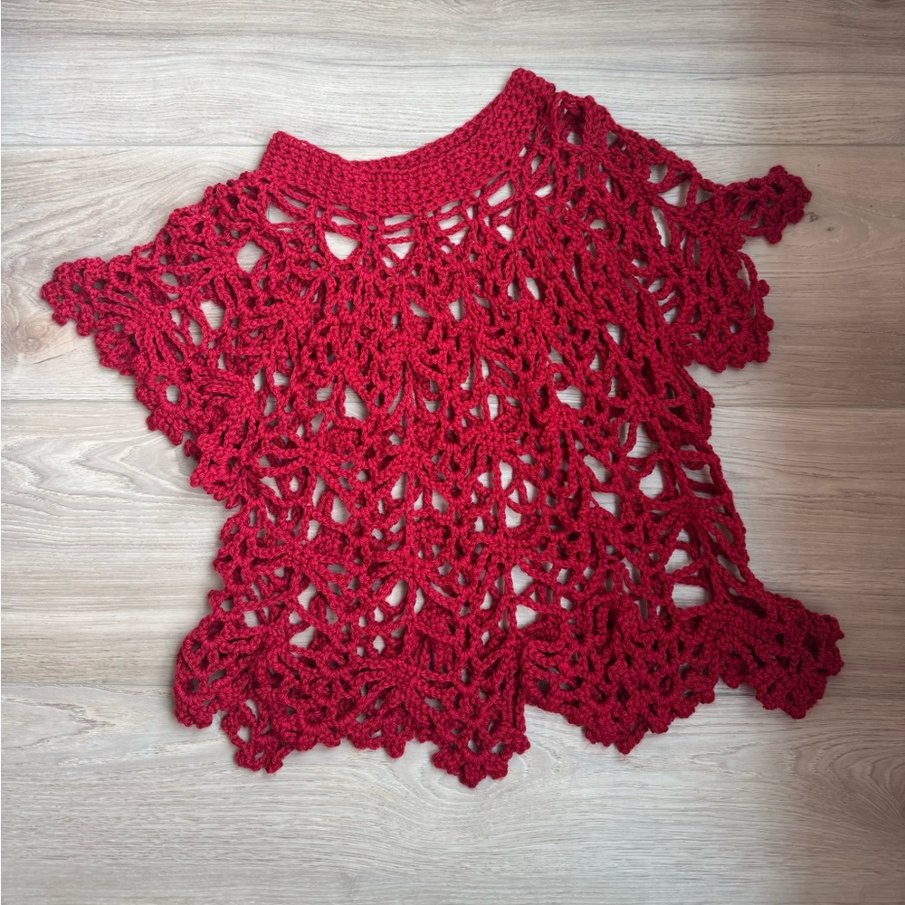 Vibrant Red Boho Chic Festival Style Crochet Breezy Top Shirt Layering Handmade